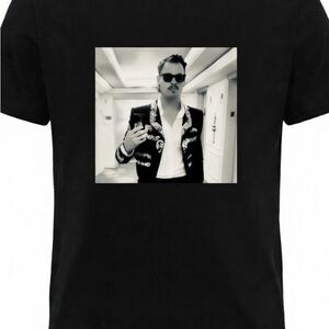 Black Graphic Crewneck T-Shirt with Monochrome Photo Print of Mariachi Joe Kelly
